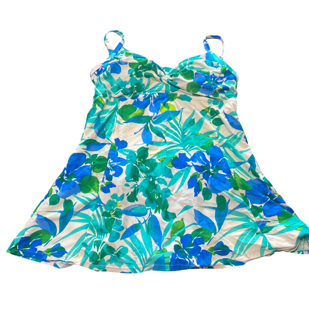 Island Escape Blue Green Floral Swim Dress One Piece Swimsuit R760995 Size 16‎